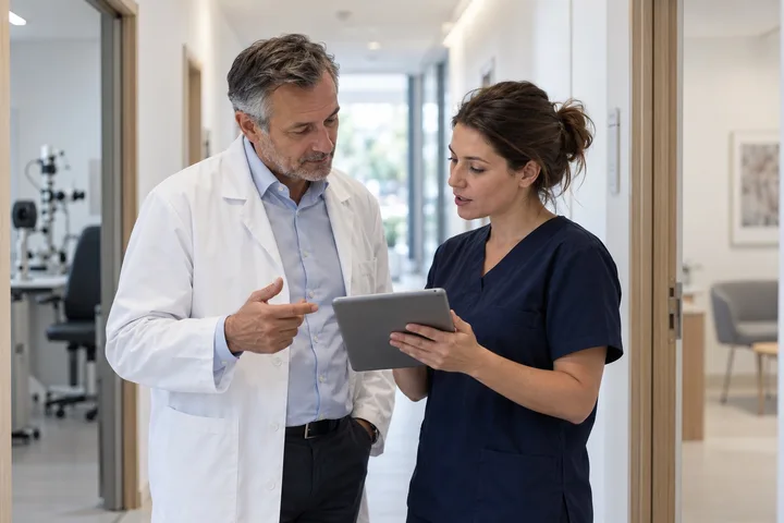 Un ophtalmologiste et une orthoptiste se coordonnent dans le couloir entre deux consultations