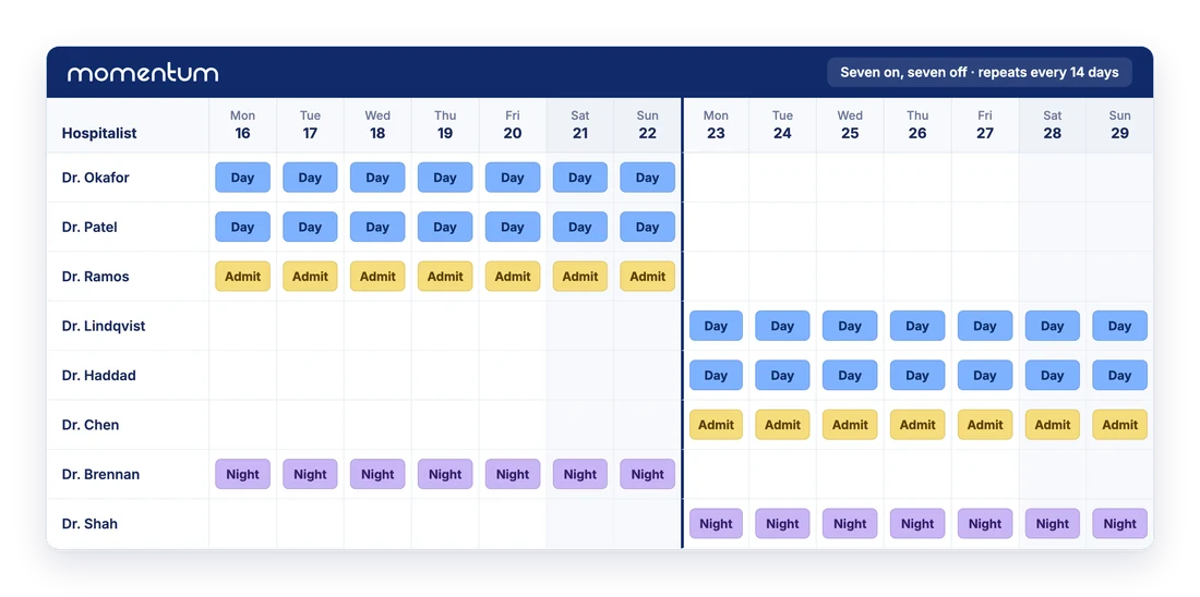 Illustration of a two-week hospitalist block schedule in Momentum: two day teams, admitters and nocturnists working seven on, seven off, with the handover between blocks marked