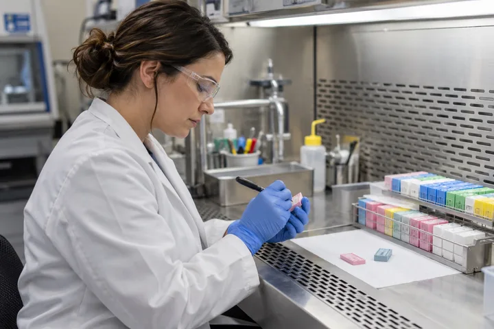 A pathologists’ assistant labels tissue cassettes at a grossing station