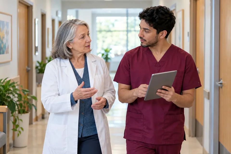 A family physician and a medical assistant talk in a community health center hallway