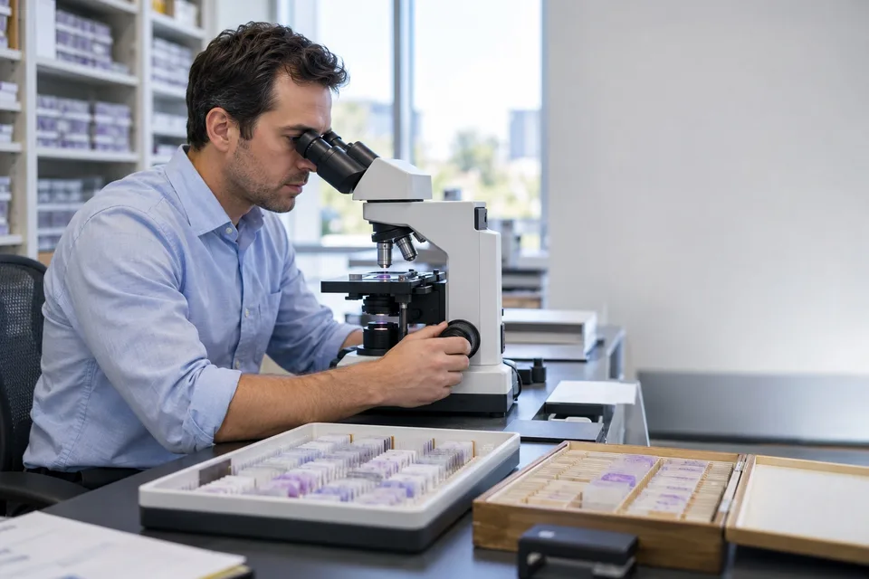 A pathologist reviews a slide at a microscope, with slide trays on the desk