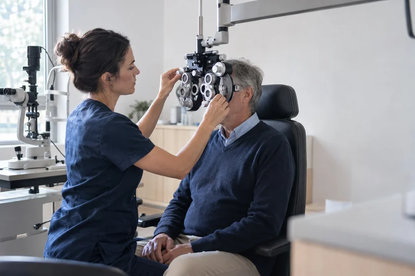 Une orthoptiste mesure la réfraction d’un patient au réfracteur dans un centre d’ophtalmologie