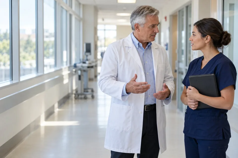 A cardiologist and a cardiac sonographer talk in a hospital corridor