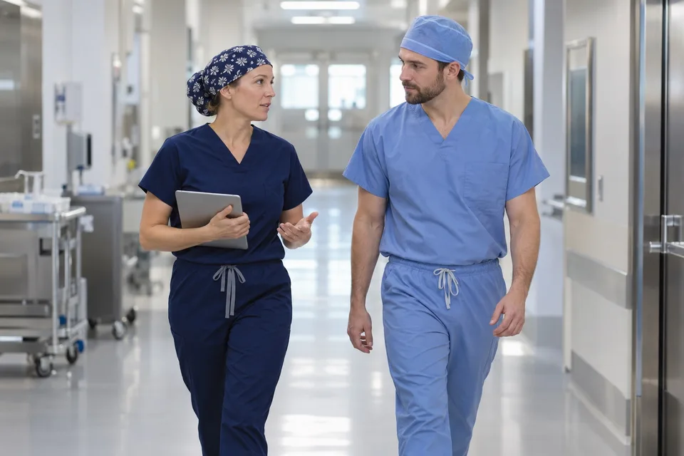 Two anesthesia clinicians talk while walking down a hospital corridor