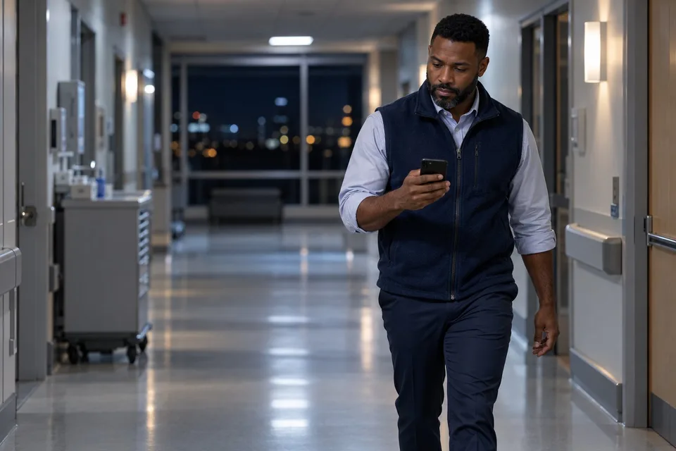 A neurologist walks down a hospital corridor at night, checking his phone