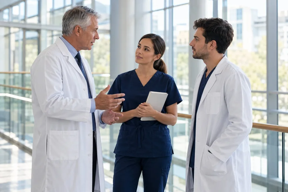 An attending physician talks with two residents during rounds in a university hospital atrium