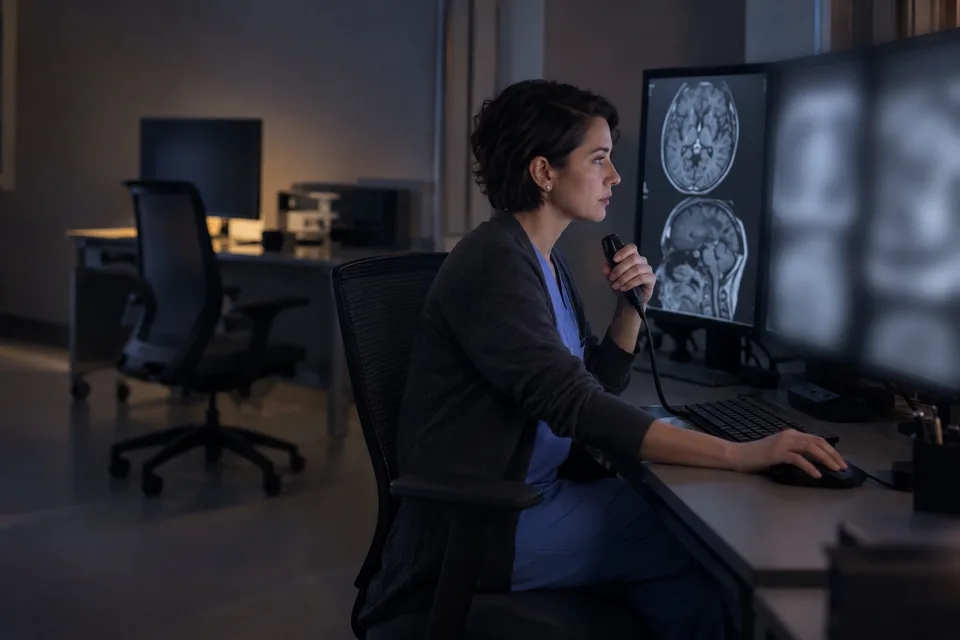 A radiologist dictates at a three-monitor reading station in a hospital reading room