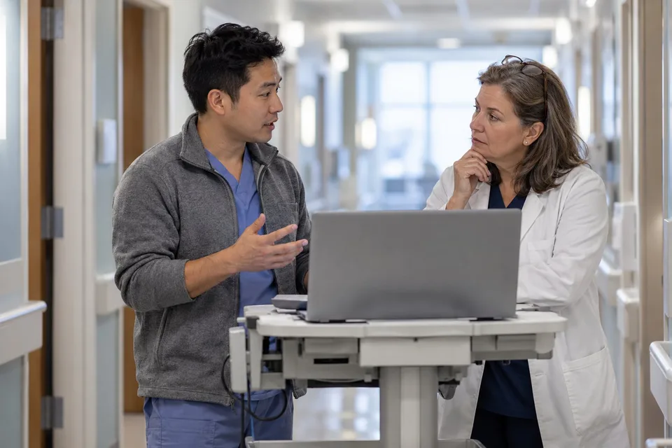 Two hospitalists talk beside a workstation on wheels during shift change on a hospital ward