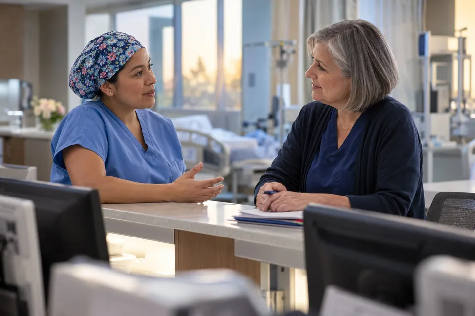 An obstetrician and a nurse-midwife talk at a labor and delivery nurses’ station at dawn