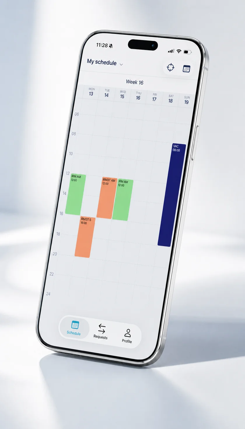 Momentum healthcare scheduling app on iPhone — weekly medical staff schedule with shifts and vacation