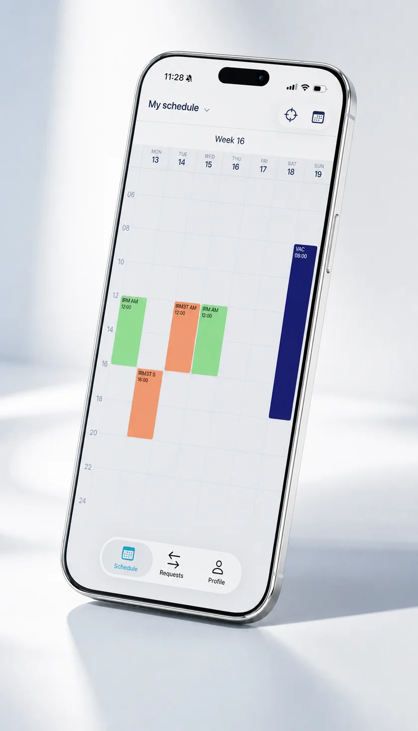 Momentum healthcare scheduling app on iPhone — weekly medical staff schedule with shifts and vacation