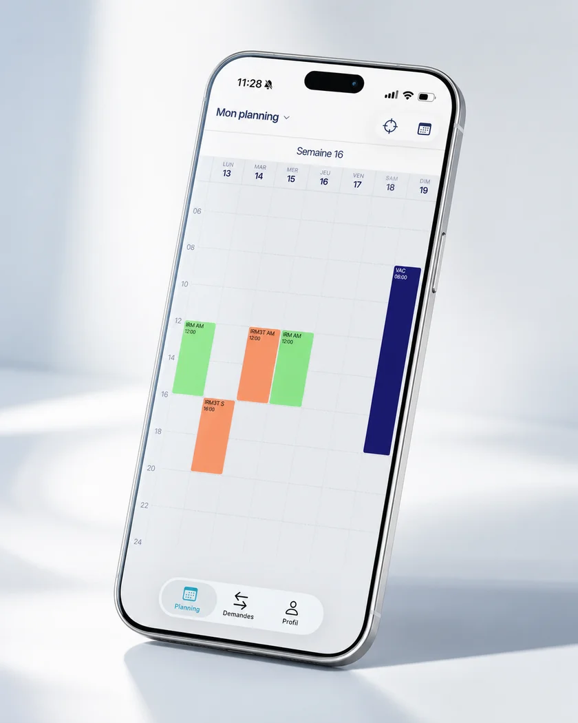Application mobile Momentum de planification médicale sur iPhone : planning hebdomadaire avec services et congés