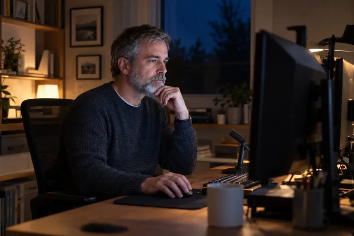 A radiologist works at a home workstation in the evening
