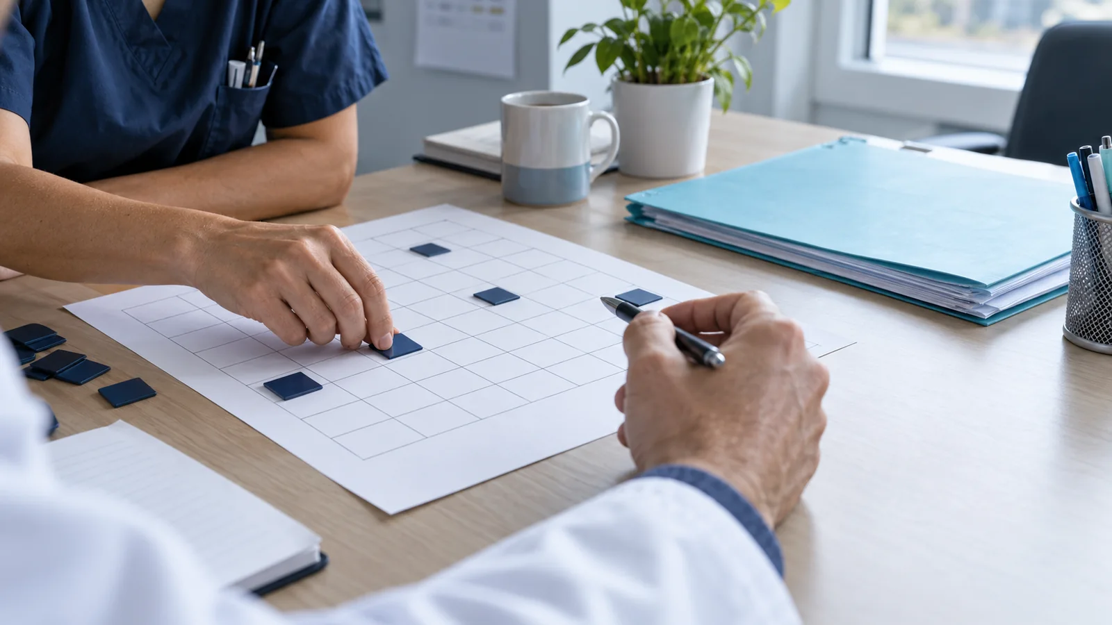 Two clinicians arranging an on-call schedule together
